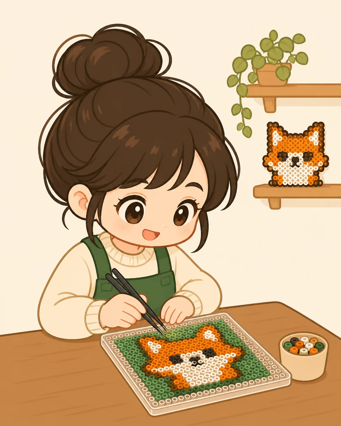 拼豆创作者在工作台制作小狐狸图纸